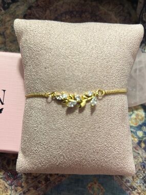 Adina Eden Gold Tone Adjustable CZ Bracelet in a Beautiful Leaf Pattern NEW